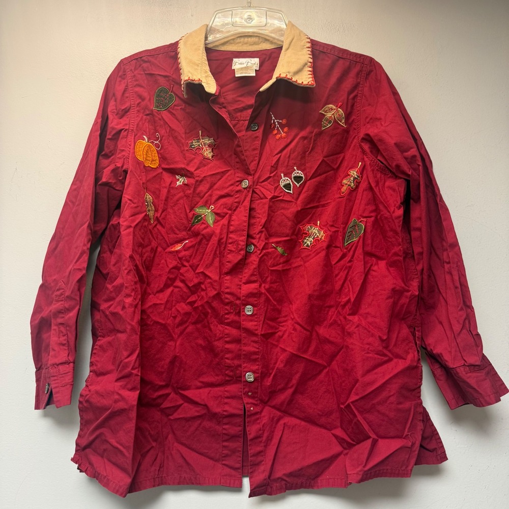 Bobbie Brooks Button Down Woman 18W/20W Red Excellent Embroidered Fall Shirt